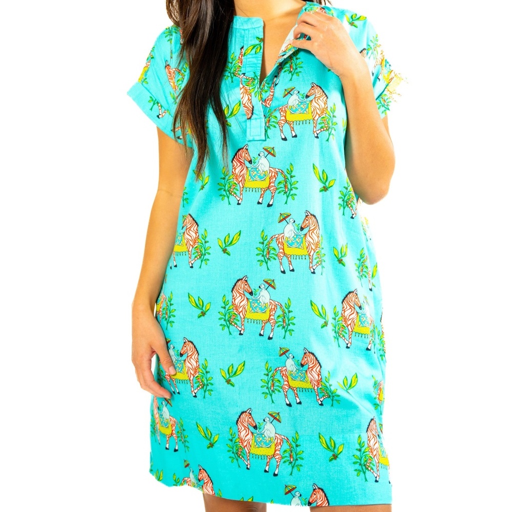 New Jaye's Studio Aqua Zebra Luxe Sateen Day Dress SZ SM